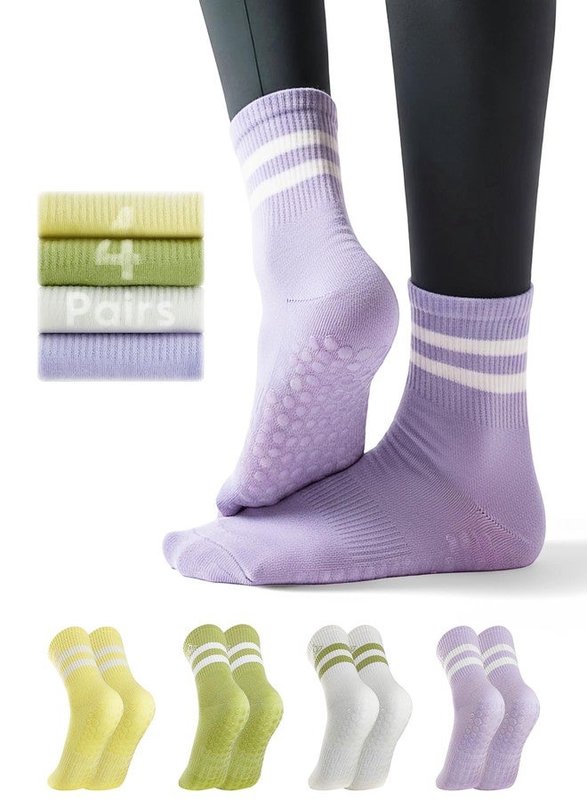 ElaraFit 4 Pack Pilates Grip Socks for Women with Grips Non Slip Yoga Socks for Pilates Reformer Barre Ballet Sticky Grippy Ankle Crew Socks Off-white Green Yellow Purple - Image 1